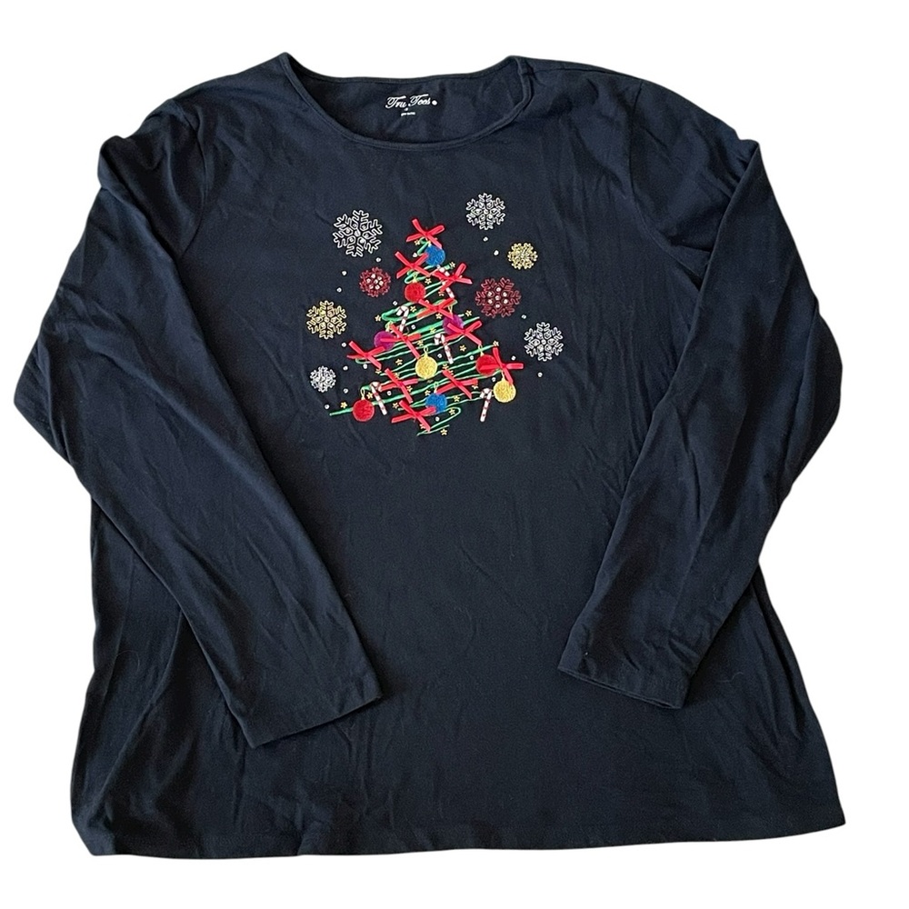 Tru Tees Black Christmas Tree Embroidered Tee Size 1X